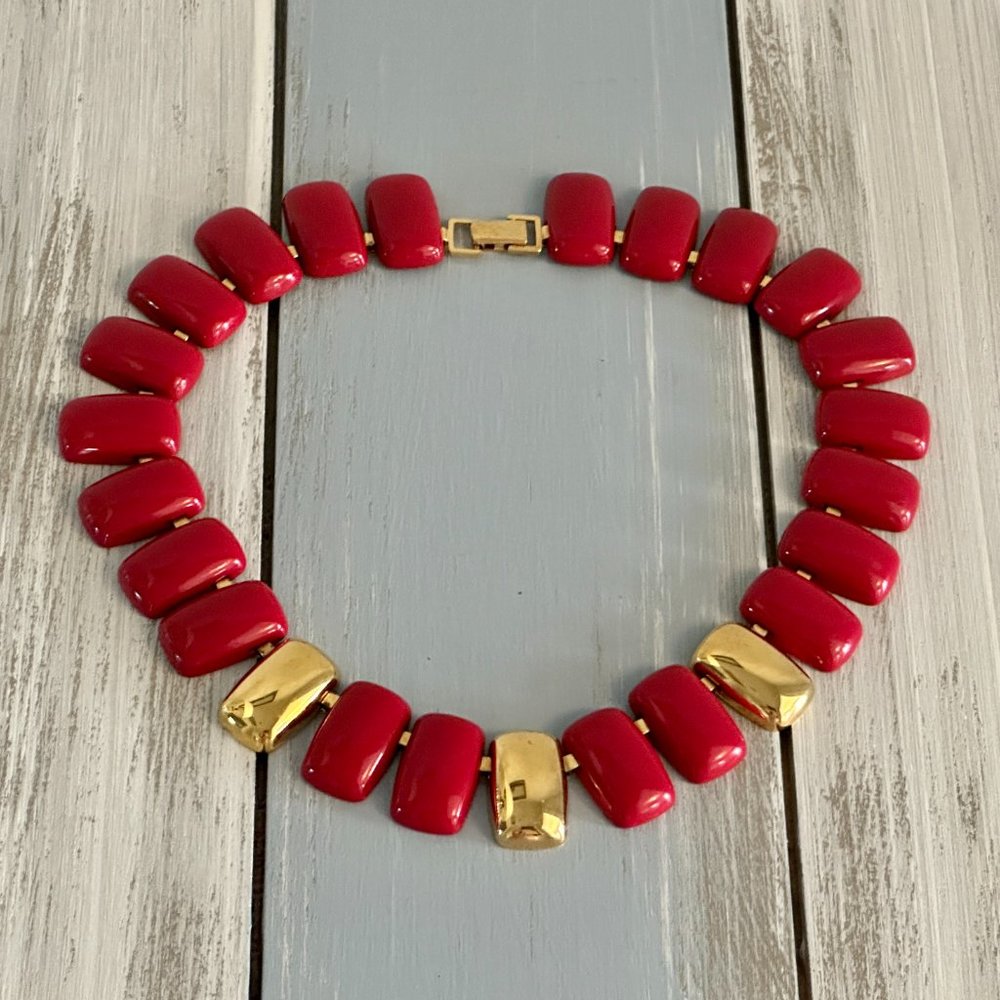 Amazing Vintage Napier Statement Necklace w Red & Gold Tone Links Pat#